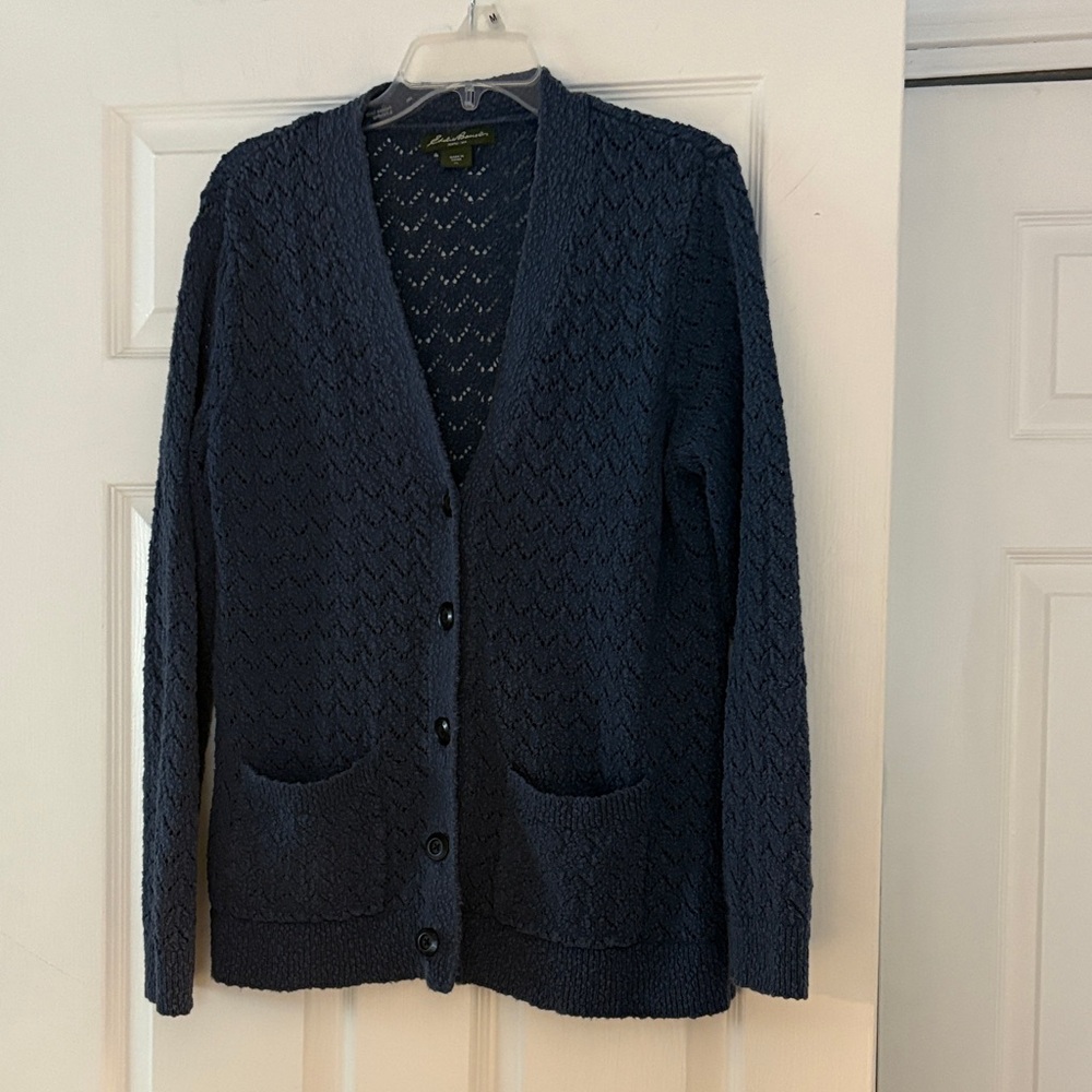 Eddie Bauer Blue Cardigan Sweater Classic V-Neck Design